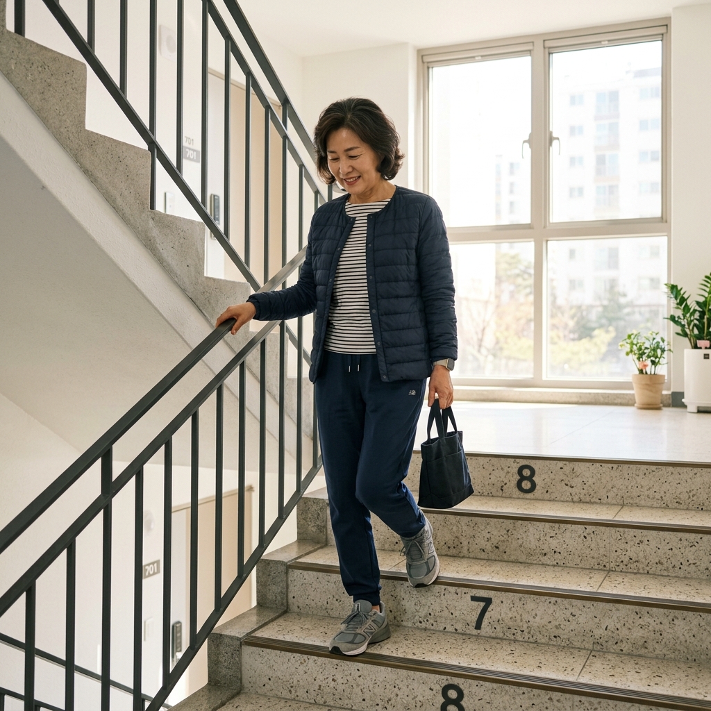 중장년 여성이 아파트 계단을 천천히 내려가는 모습, 자연스러운 자세, 실내 계단, 밝은 자연광