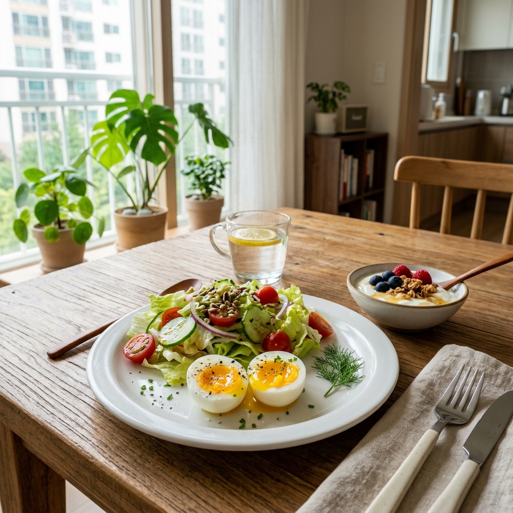 흰 접시에 담긴 계란 2개와 양상추 샐러드, 그릭 요거트가 놓인 아침 식탁 위 장면, 자연광이 들어오는 한국인 가정집 식탁
