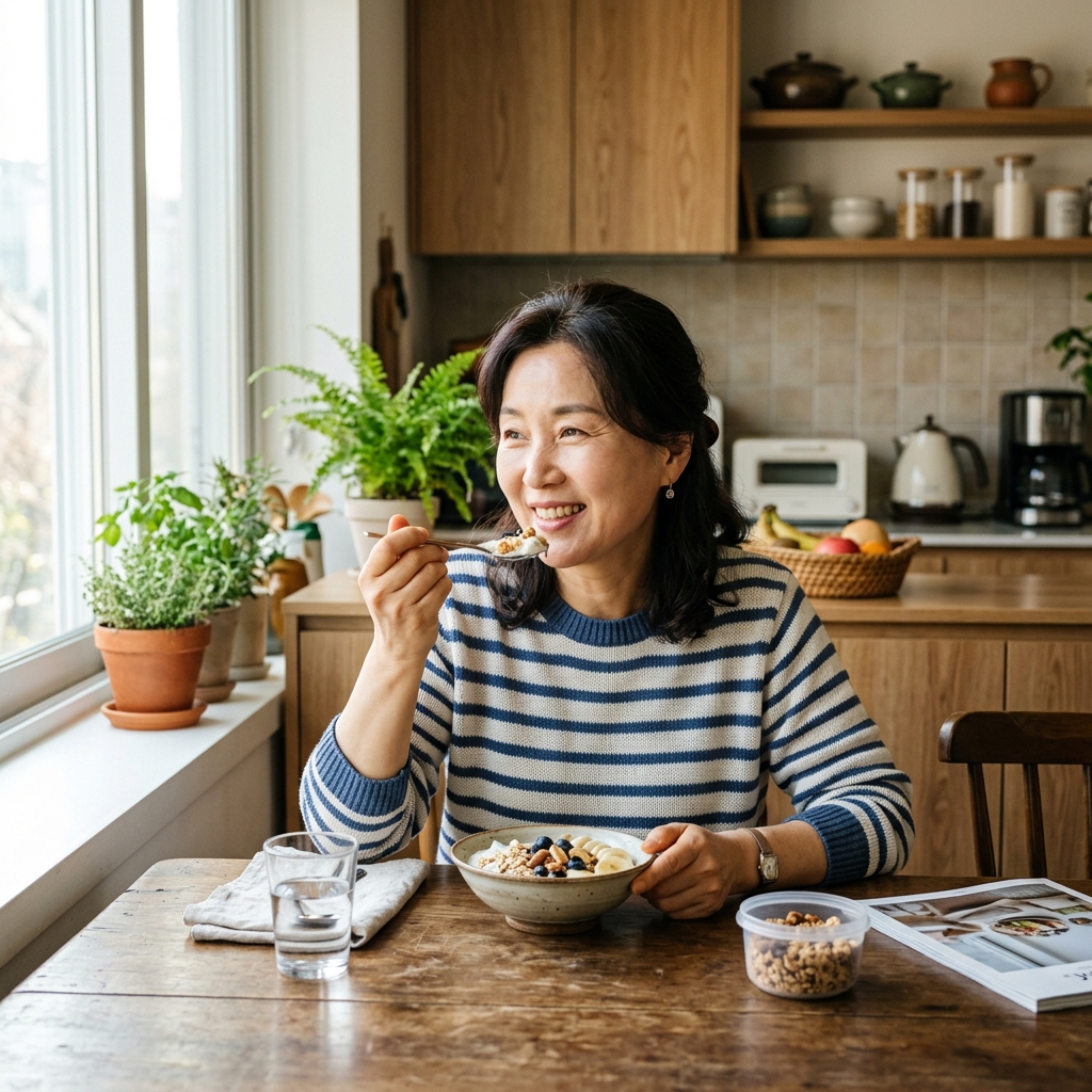 한국인 중년 여성이 주방에서 오트밀과 그릭요거트를 스푼으로 떠먹고 있는 자연스러운 아침 식사 장면, 밝은 자연광