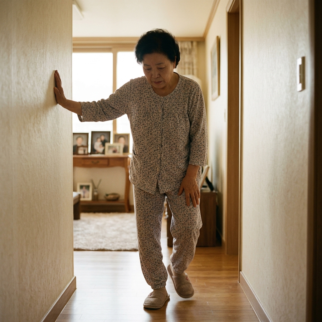 중장년 한국인이 집안에서 불안정한 걸음으로 벽을 짚으며 걷는 모습