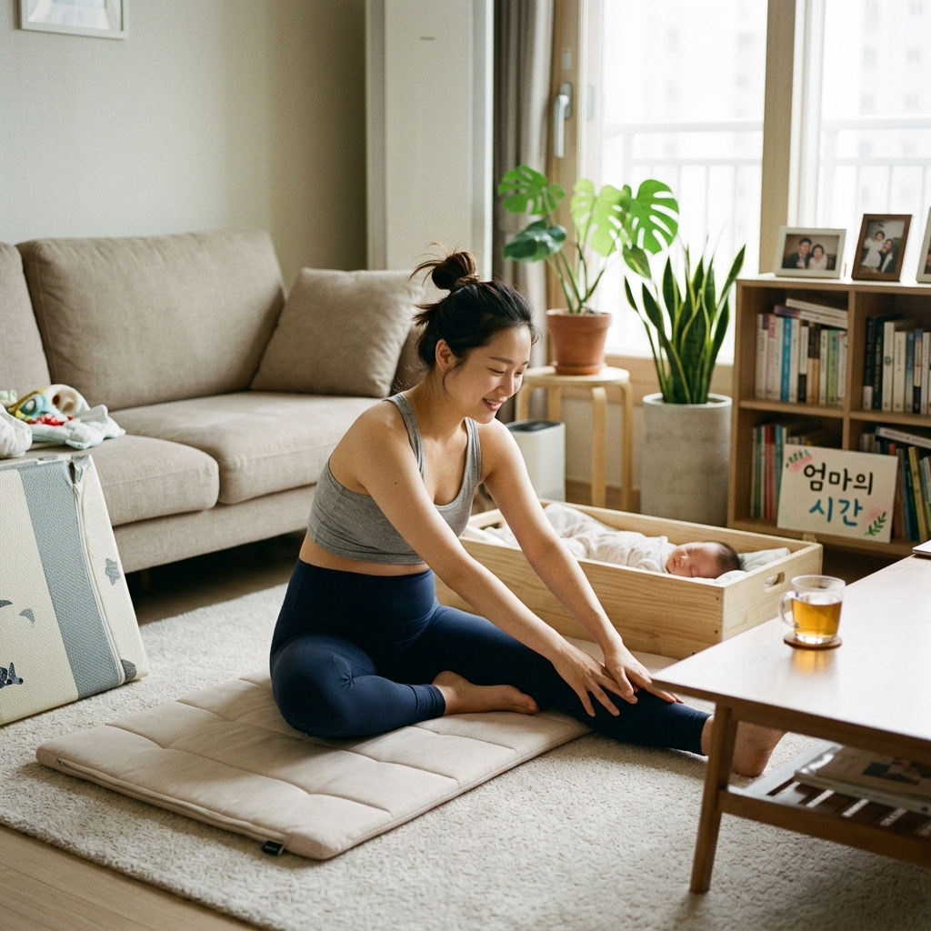 산후 회복 중인 한국인 여성이 집 거실에서 가벼운 스트레칭을 하는 자연스러운 생활 장면