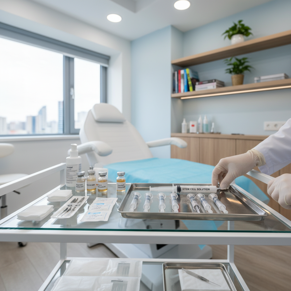 피부과 시술실에서 줄기세포주사 시술을 준비하는 장면