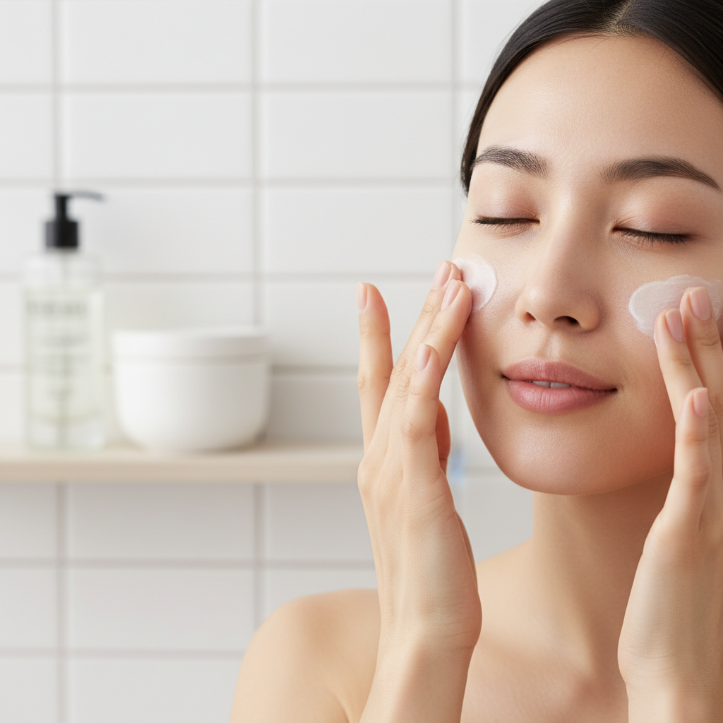 세안 후 보습제를 바르는 한국인 여성의 손과 얼굴
