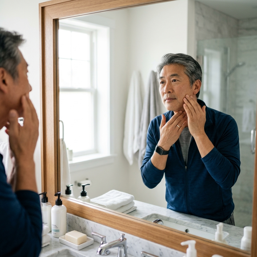 한국인 중장년 남성이 거울 앞에서 목과 얼굴 피부를 확인하는 현실적인 생활 장면