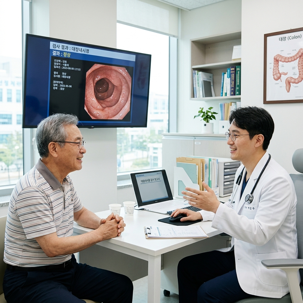 병원 진료실에서 한국인 60대 남성이 의사와 대장내시경 검사 결과를 상담하는 장면