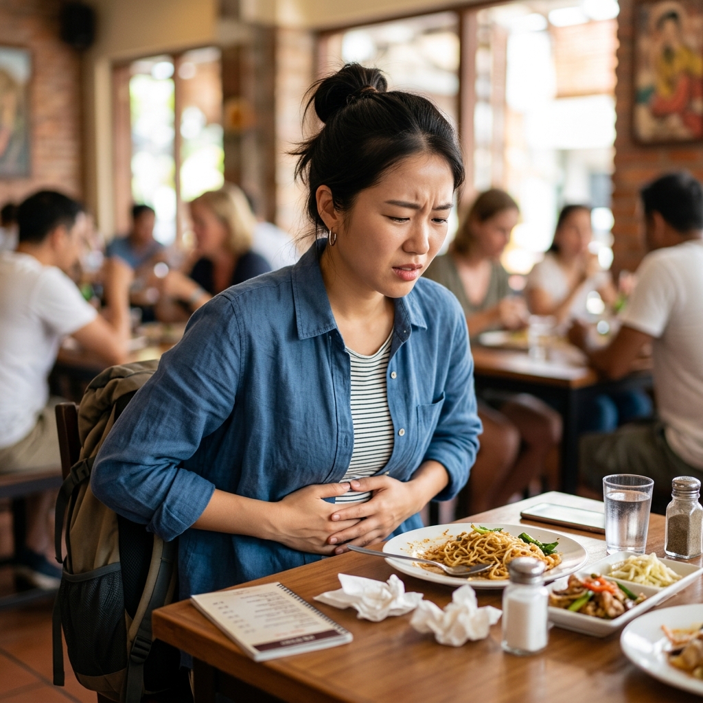 한국인 여행자가 여행지 식당에서 배를 움켜쥐며 불편해하는 모습