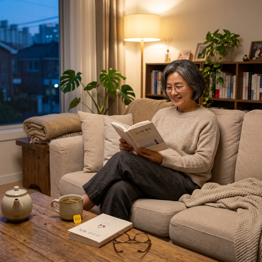 한국인 중장년 여성이 집 거실 소파에서 카모마일 티를 마시며 책을 읽는 편안한 저녁 풍경