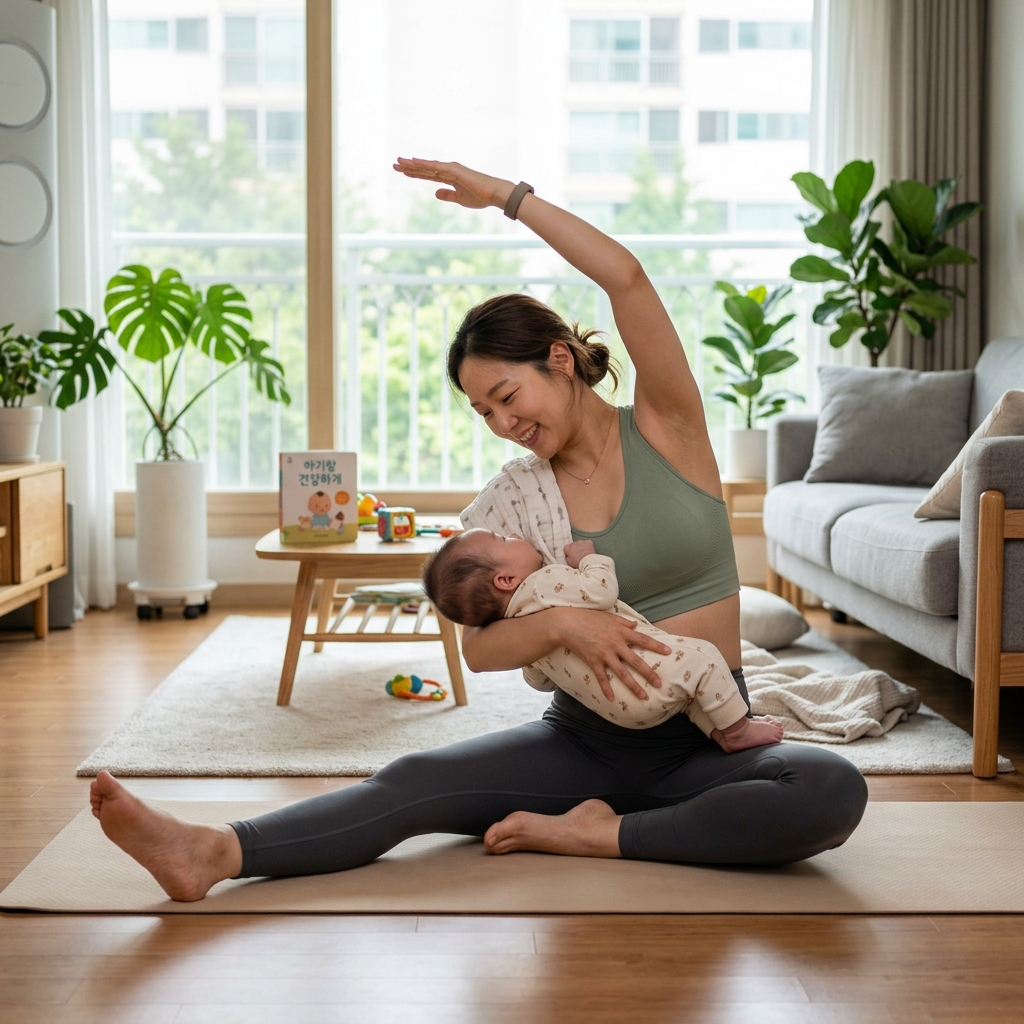 집 거실에서 한국인 산모가 아기를 안고 가벼운 스트레칭을 하는 자연스러운 생활 장면