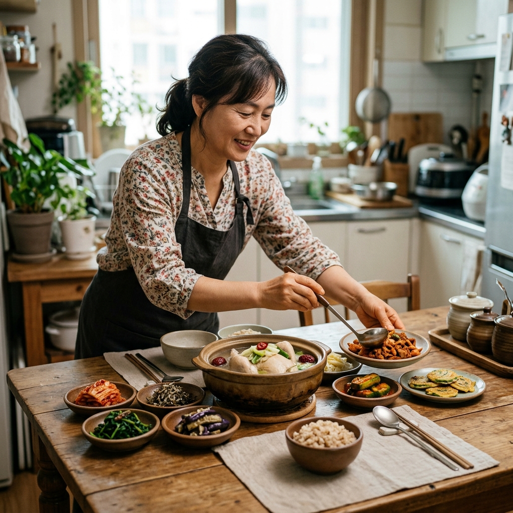 집 식탁에 놓인 한국식 보양 음식과 반찬들, 중장년 한국인 여성이 식사 준비를 하는 자연스러운 생활 장면