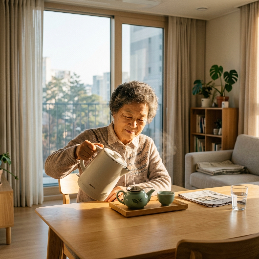 한국인 70대 여성이 혼자 집 거실에서 아침 햇살 속에서 따뜻한 차를 우려내고 있는 자연스러운 생활 장면