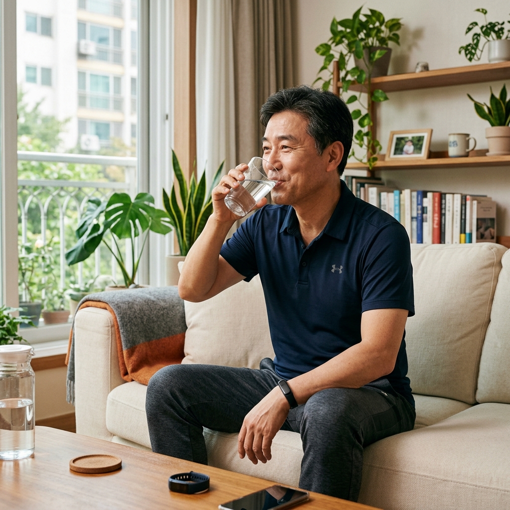 집 거실에서 한국인 중장년 남성이 물을 마시며 휴식을 취하는 자연스러운 일상 장면