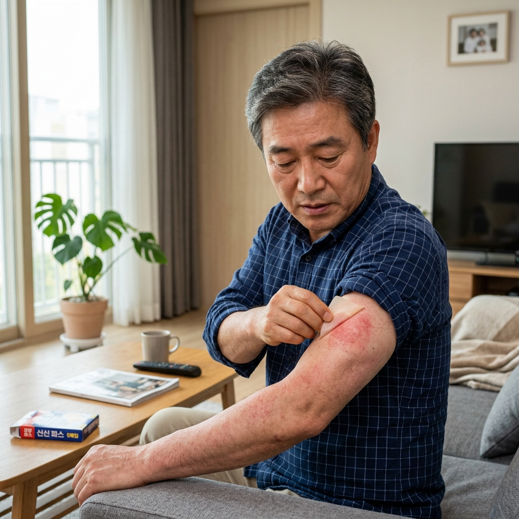 집 거실에서 한국인 중장년 남성이 팔에 붙인 파스를 떼며 붉어진 피부를 살피는 현실적인 생활 장면