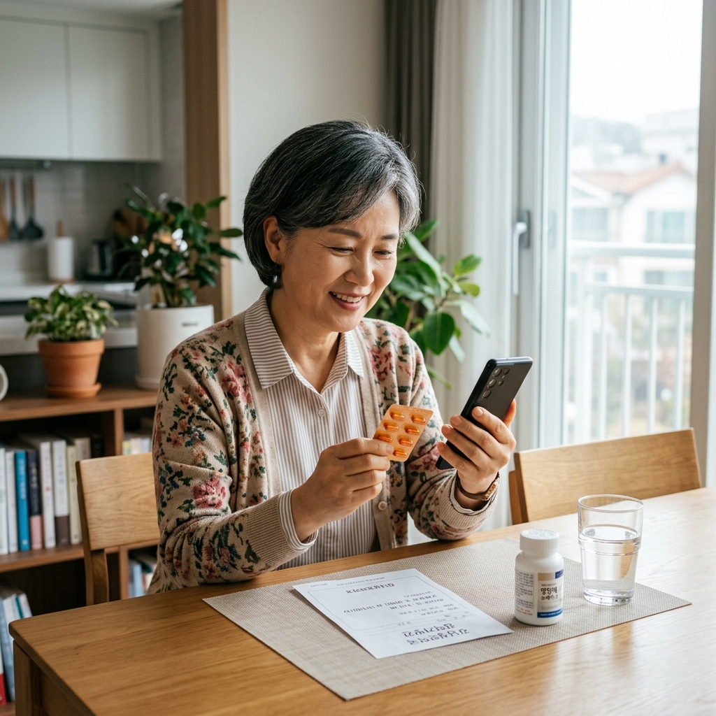 집 식탁에서 한국인 중장년 여성이 스마트폰을 보며 복용할 약을 손에 들고 있는 모습