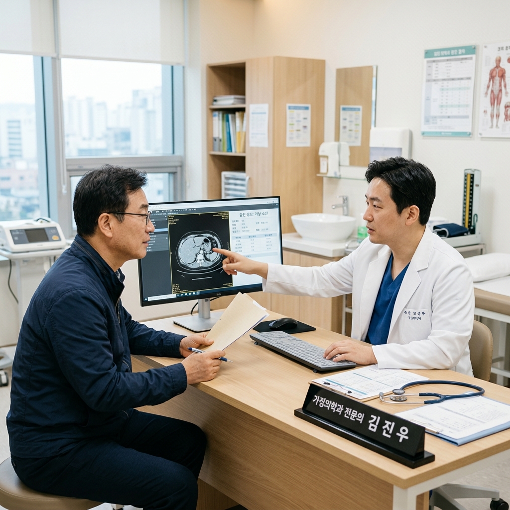 병원 진료실에서 한국인 중장년 남성이 의사와 상담하며 검진 결과를 확인하는 현실적인 장면