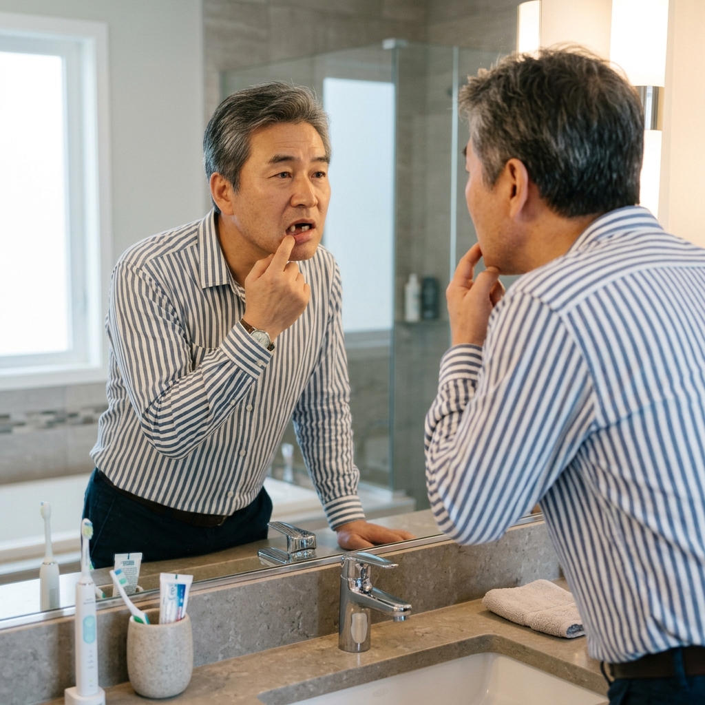 한국인 중장년 남성이 거울을 보며 치아 결손 부위를 확인하는 자연스러운 생활 장면