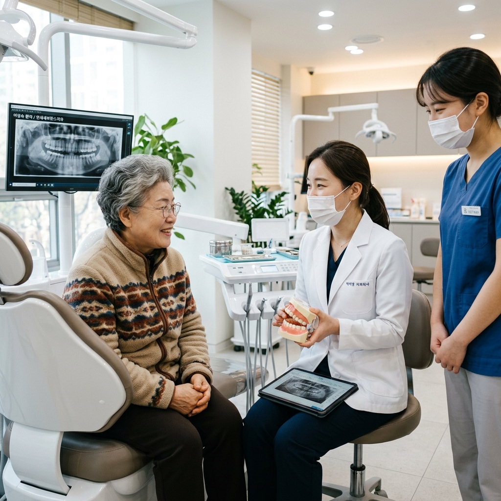 한국인 시니어 여성이 치과 진료실에서 의료진과 상담하는 현실적인 장면