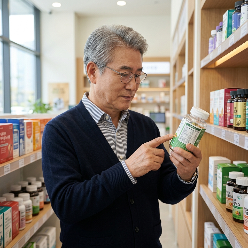 60대 남성이 종합비타민 성분표를 확인하는 모습