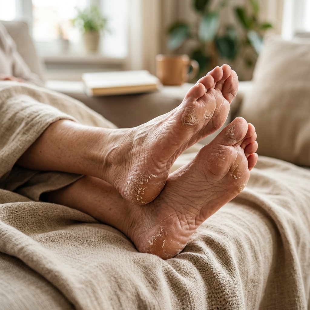 발뒤꿈치와 발바닥에 하얗게 각질이 쌓인 노인의 발 모습, 실내 조명 아래 자연스럽게 촬영된 장면