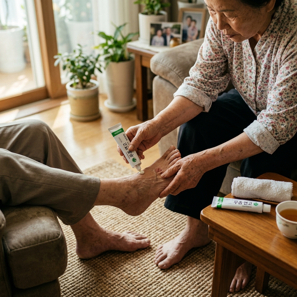발에 무좀 연고를 바르는 한국인 노인의 손, 실내 자연광 아래에서 촬영된 생활 장면
