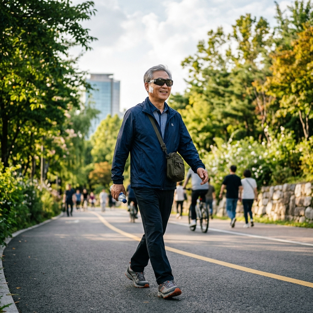 백내장 수술 후 보안경을 착용하고 실외를 걷는 60대 한국인 남성의 자연스러운 일상 장면
