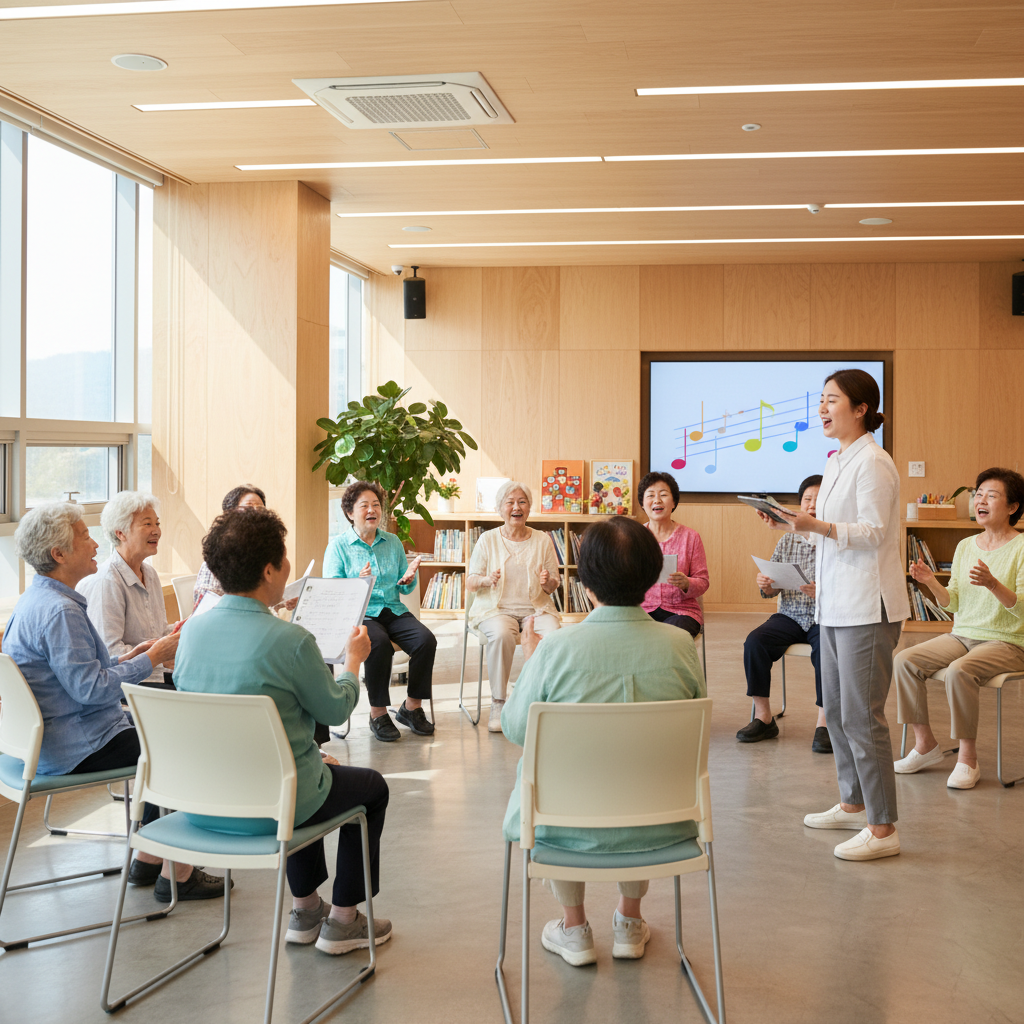 복지관에서 한국인 노인들이 함께 노래 부르며 활동하는 장면
