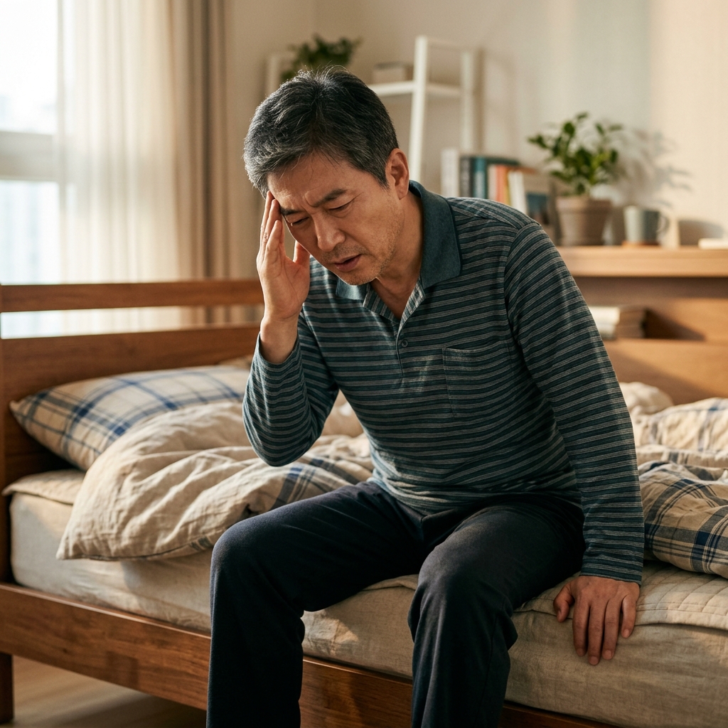 침대에서 갑자기 일어나려다 어지러움을 느끼는 중년 한국인의 모습, 자연스러운 실내 조명