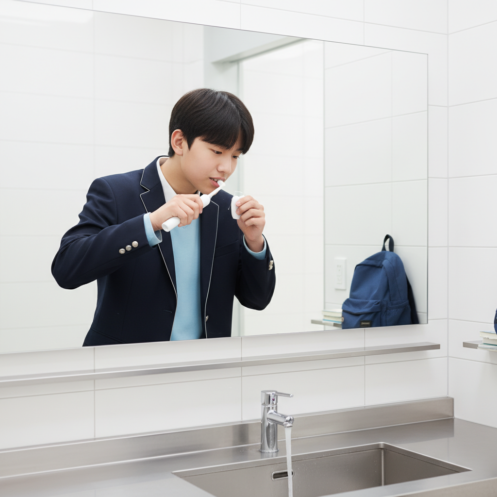 학교 화장실 세면대에서 칫솔과 치실을 함께 사용하는 한국인 10대 남학생의 자연스러운 생활 장면