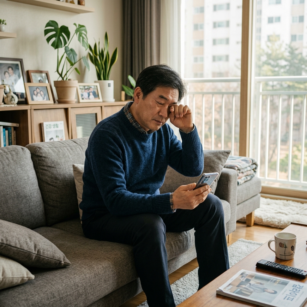 집 거실에서 한국인 중장년 남성이 스마트폰을 보며 눈을 비비는 현실적인 생활 장면, 자연광 아래 약간 피곤한 표정