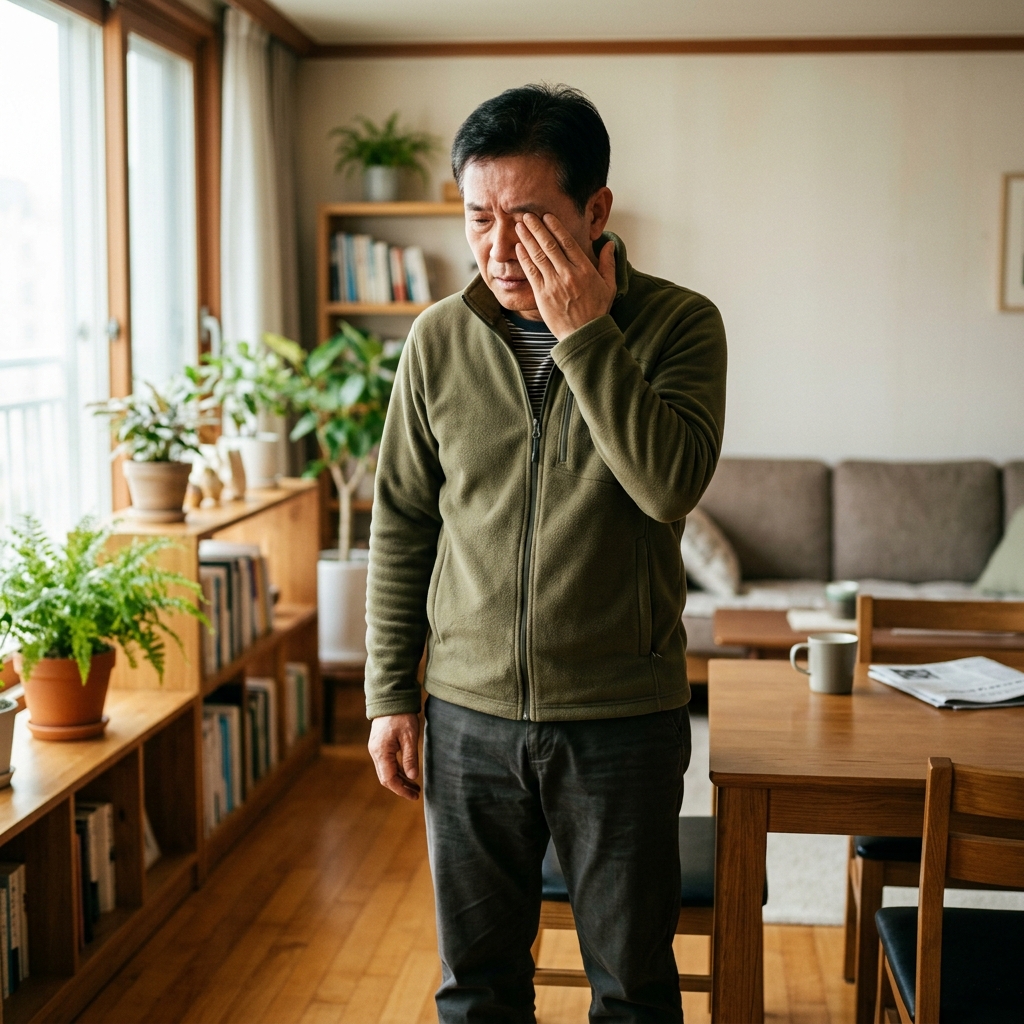 한국인 중년 남성이 갑자기 한쪽 눈을 감싸 쥐고 불안한 표정으로 서 있는 장면, 집 거실 배경