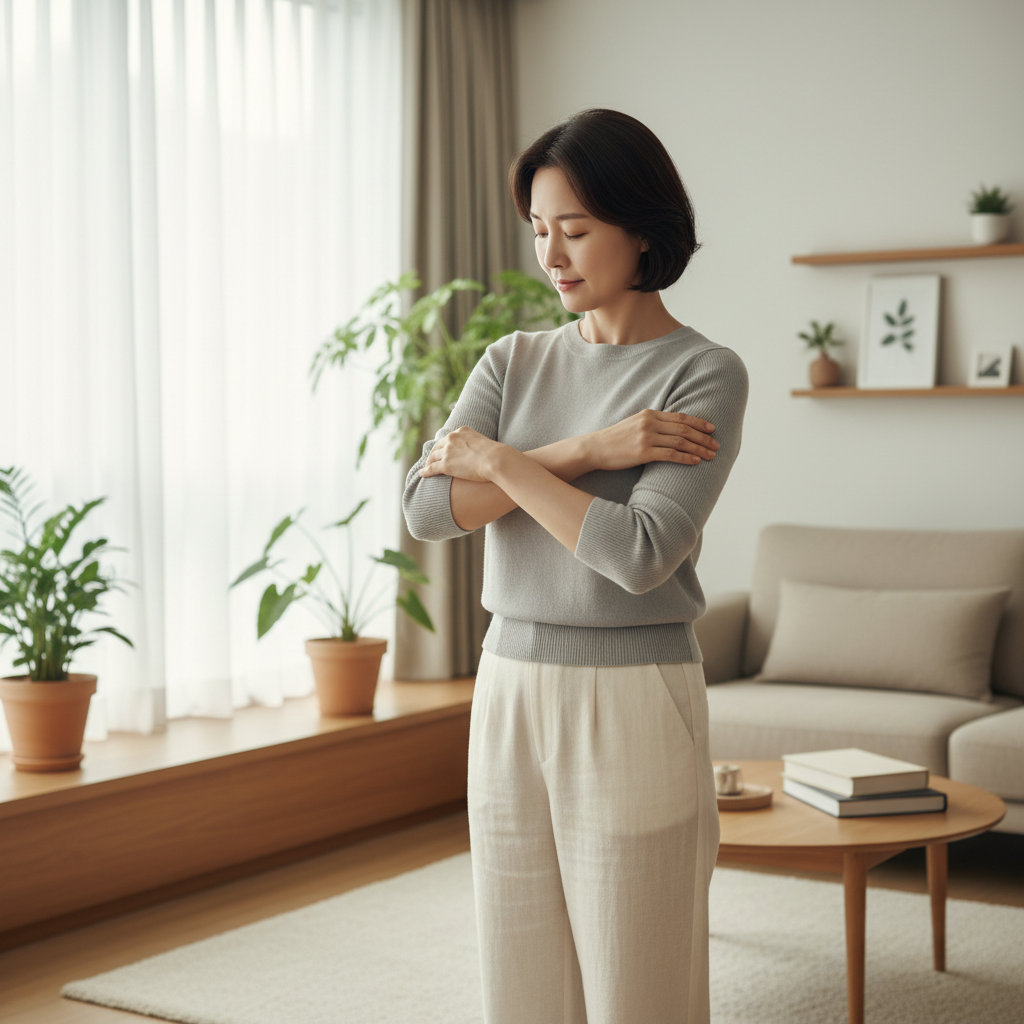 집 거실에서 한국인 중장년 여성이 팔 근력을 확인하며 손으로 팔뚝을 가볍게 만져보는 모습, 자연광이 들어오는 현실적인 생활 장면