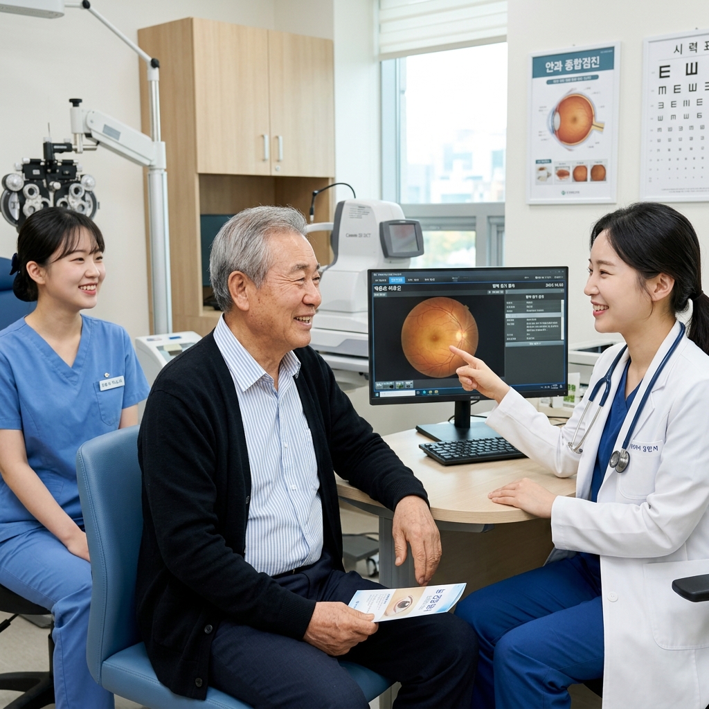 70대 노인이 안과 검진실에서 의료진과 상담하는 장면, 자연스러운 표정