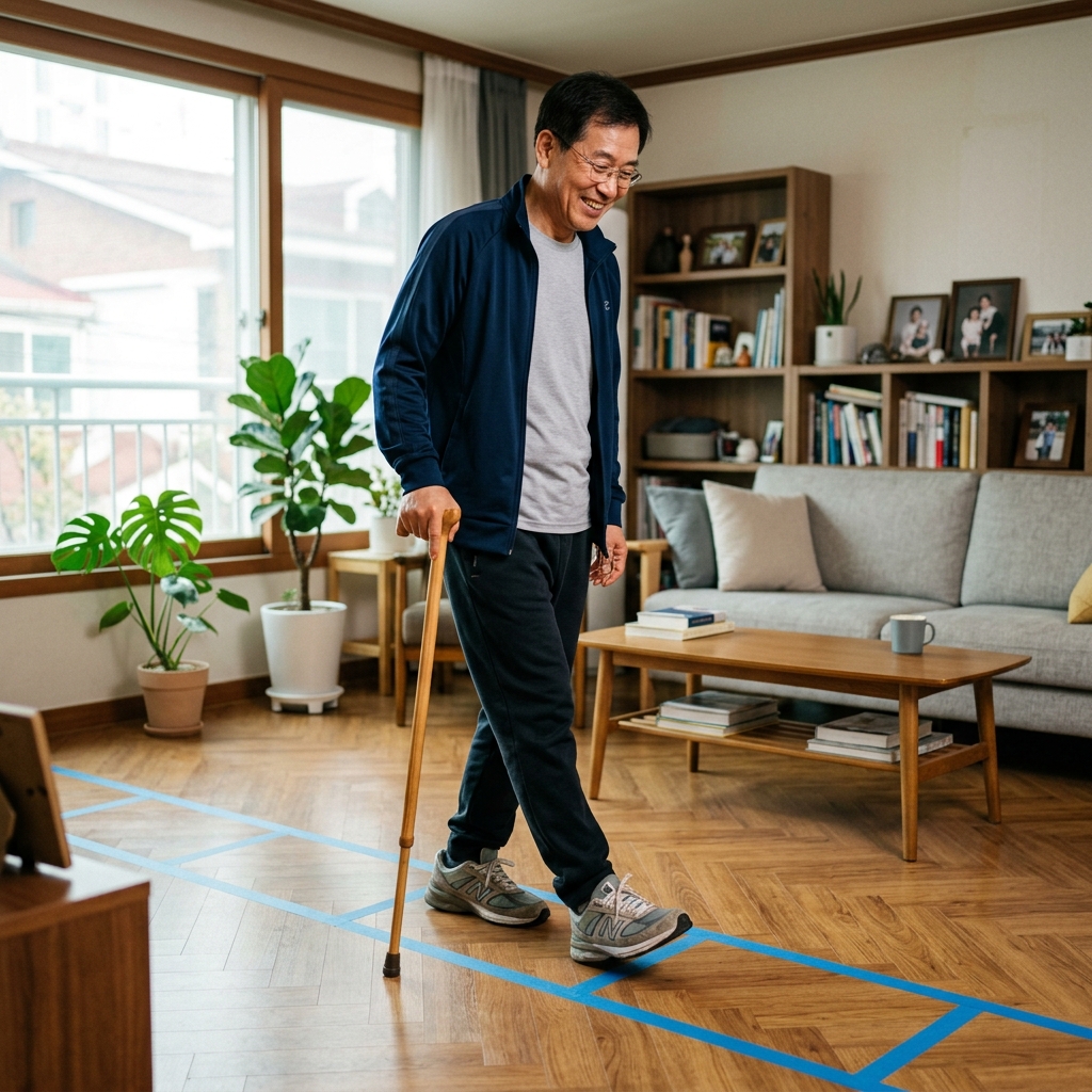 집 거실에서 한국인 중장년 남성이 바닥에 테이프로 붙인 보행 선을 따라 걷는 훈련을 하는 현실적인 장면