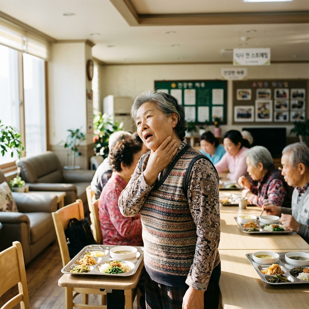 요양 시설 거실에서 한국인 중장년 환자가 식사 전 목과 입 주변을 가볍게 스트레칭하는 장면, 자연광이 들어오는 실내 공간, 사실적인 색감, 다큐멘터리 느낌