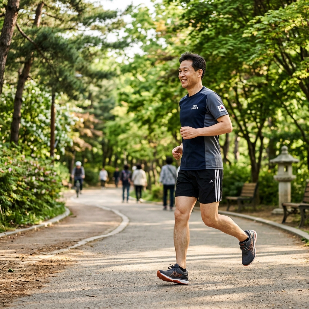 공원 산책로에서 앞꿈치로 가볍게 착지하며 슬로우 조깅하는 중장년 한국인의 측면 모습, 자연광, 사실적 느낌