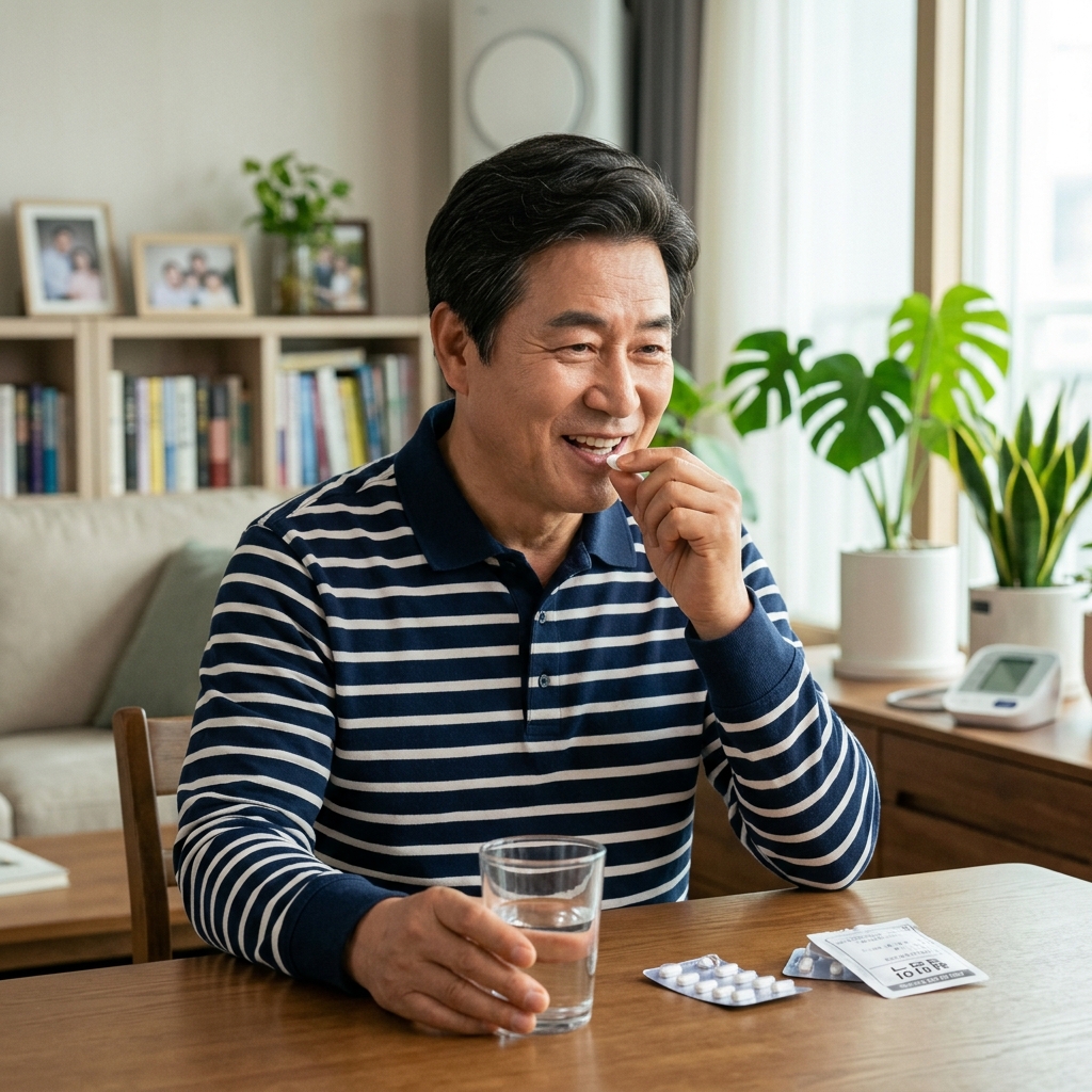 한국인 중장년 남성이 집 거실 테이블에서 혈압약을 복용하는 현실적인 일상 장면