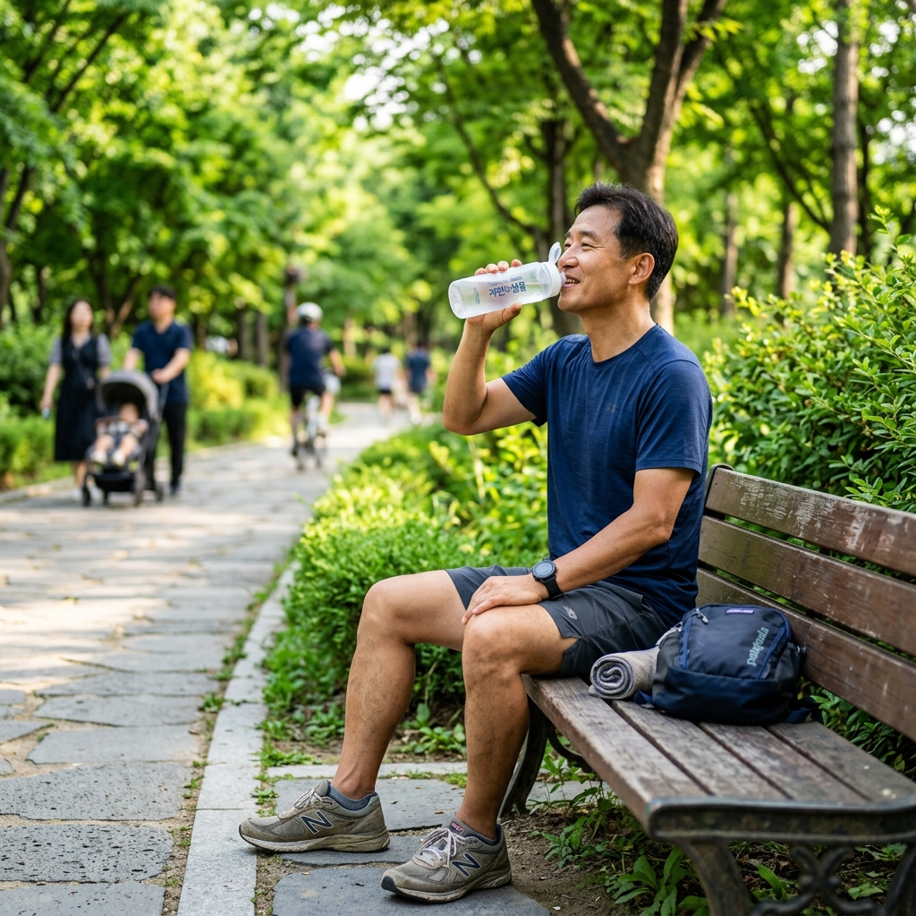 여름 공원 벤치에서 한국인 중년 남성이 물병으로 수분을 섭취하는 자연스러운 생활 장면