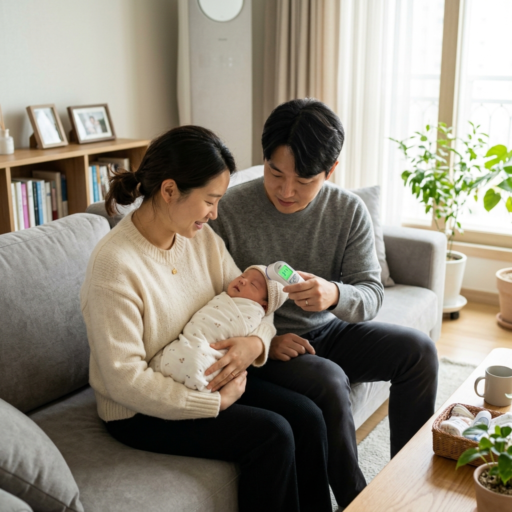 신생아를 안고 체온을 재는 한국인 부모의 모습, 집안 거실 배경, 자연광