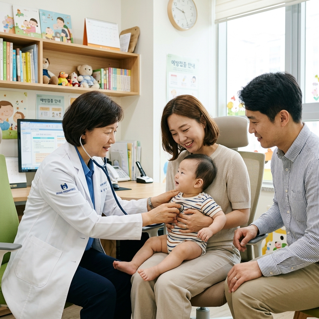 소아과 진료실에서 아기를 진찰받는 장면, 한국인 의사와 부모, 차분하고 전문적인 분위기