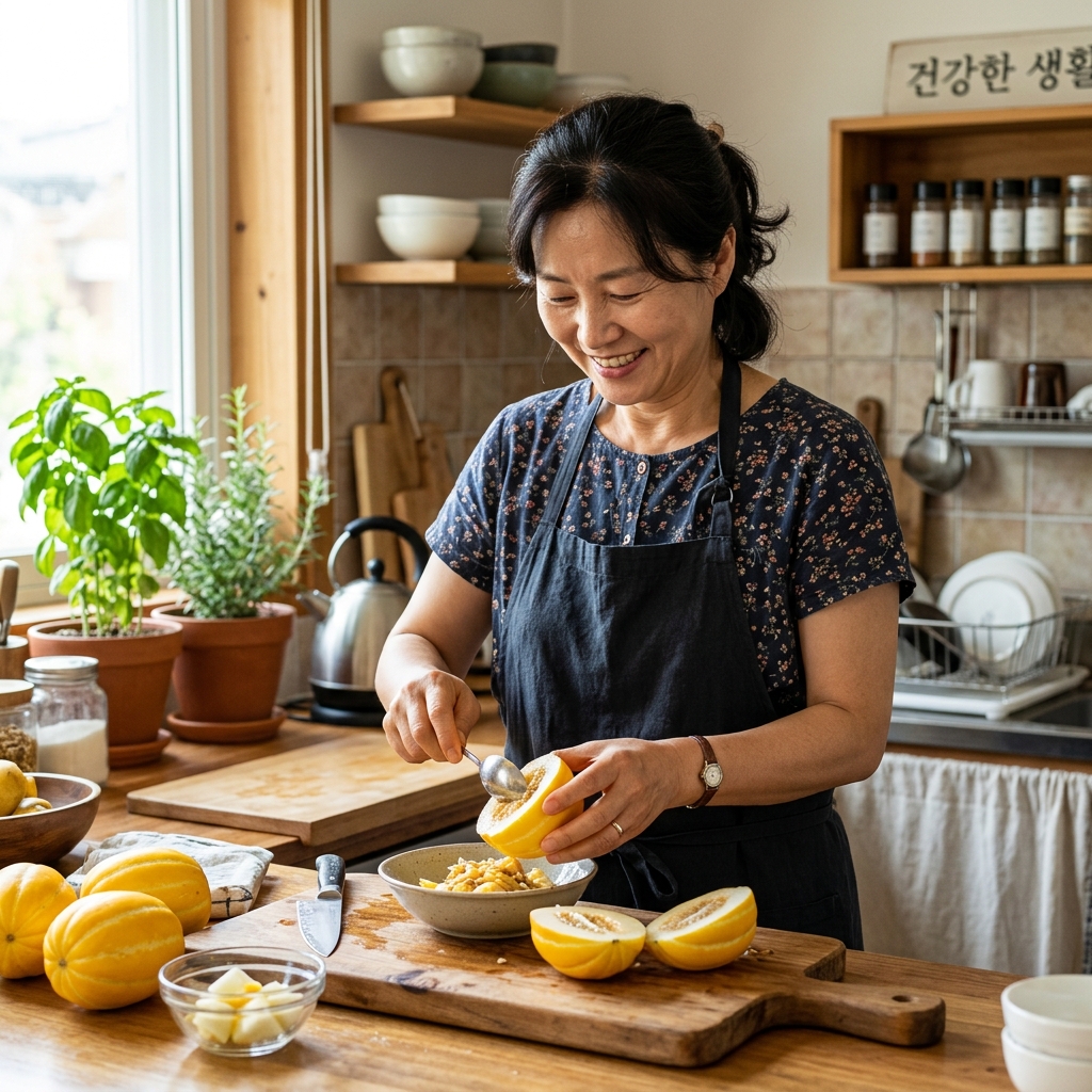 한국인 중년 여성이 주방에서 참외를 손질하며 씨를 제거하는 자연스러운 생활 장면