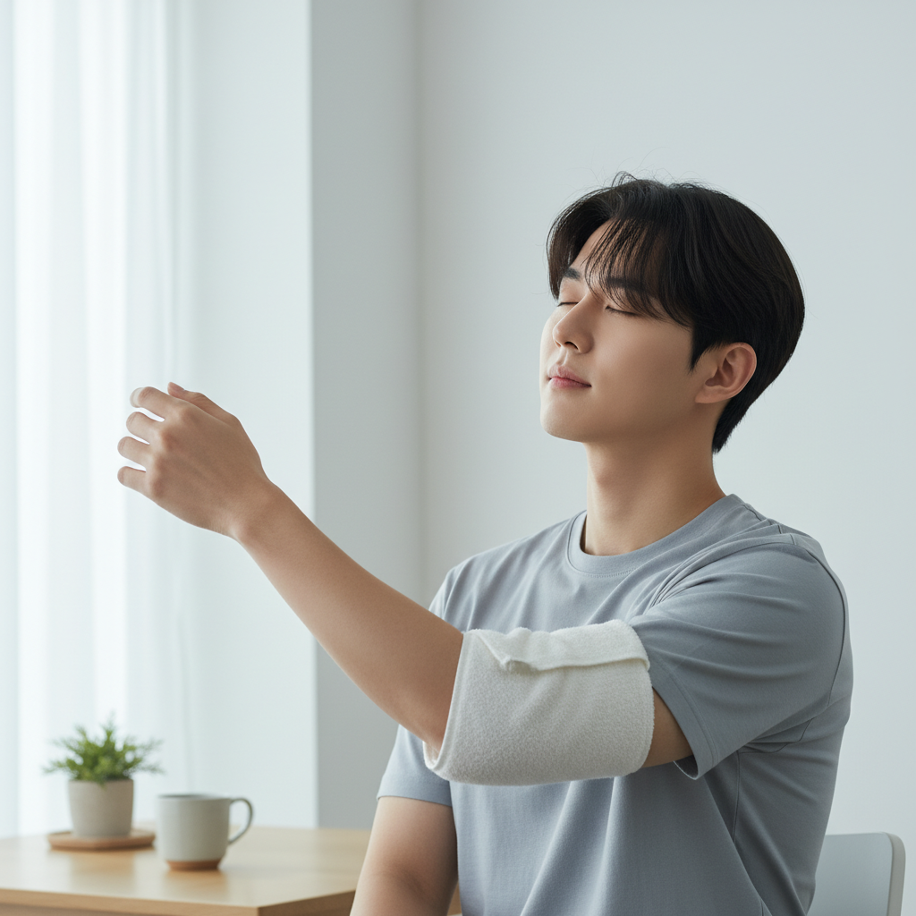 차가운 수건을 팔에 대고 있는 한국인의 모습