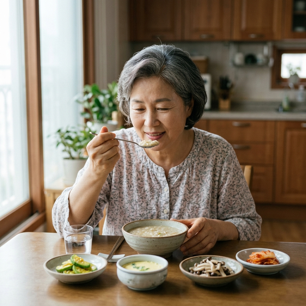 집에서 부드러운 연화식을 숟가락으로 떠먹고 있는 중장년 한국인 모습, 식탁 위에 흰색 그릇과 반찬 여러 개, 자연광, 차분한 실내 분위기, 사실적인 사진 톤