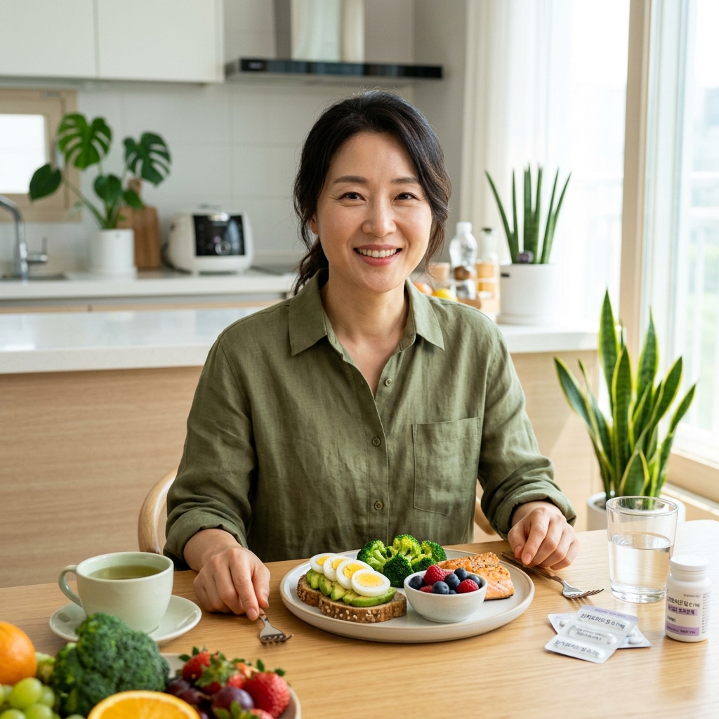 갑상선 호르몬제와 건강 식단 구성 장면