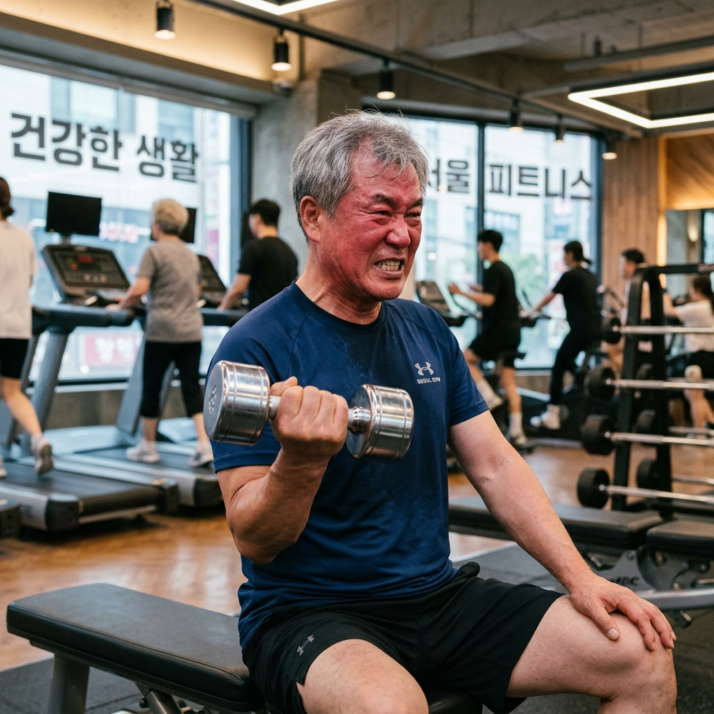 한국인 60대 남성이 헬스장에서 덤벨을 들고 있는 모습, 얼굴이 붉어지며 힘을 주고 있는 사실적인 장면