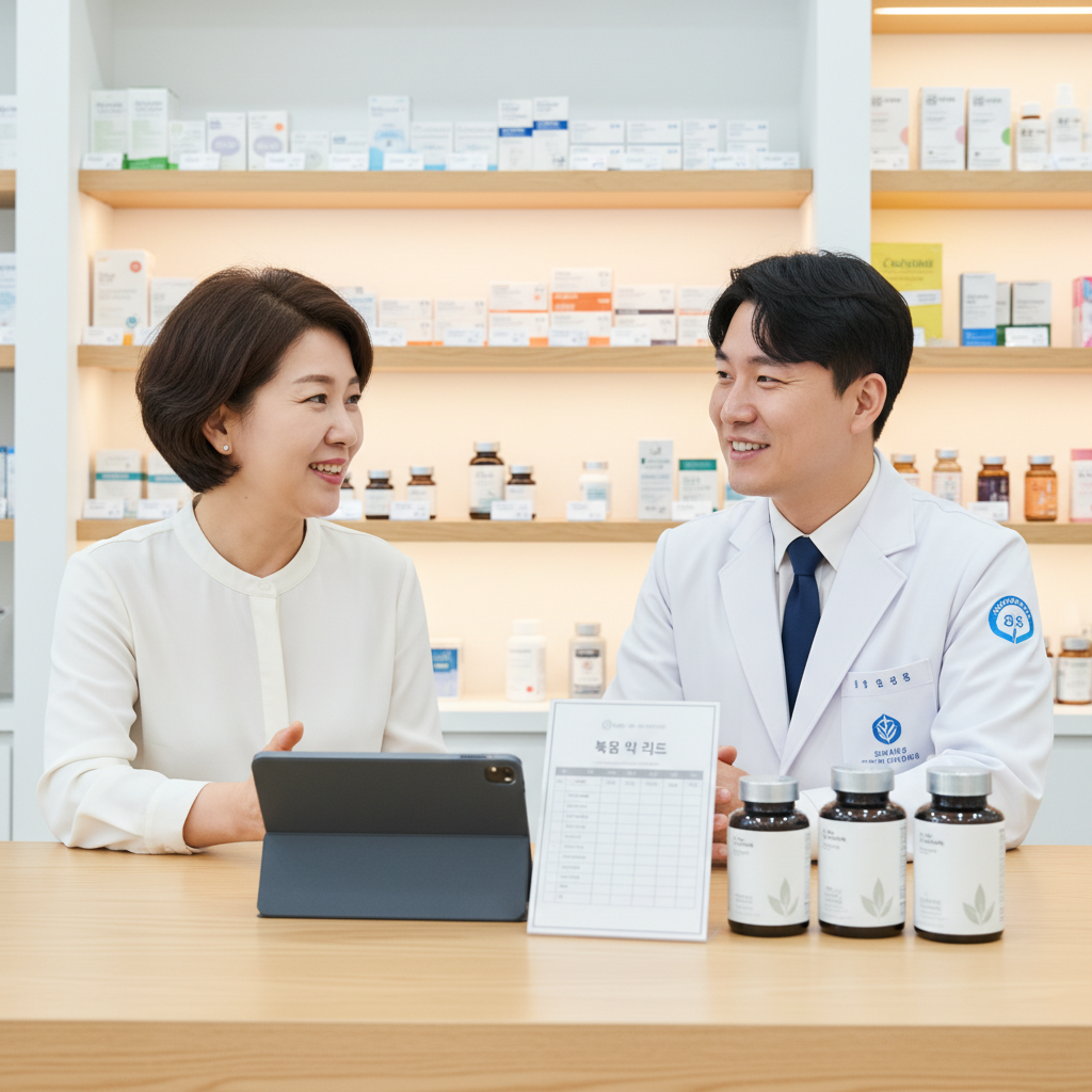 약국 창구에서 약사와 상담 중인 한국인 중년 여성, 테이블 위에 복용 약 리스트와 영양제 제품이 놓여 있는 장면