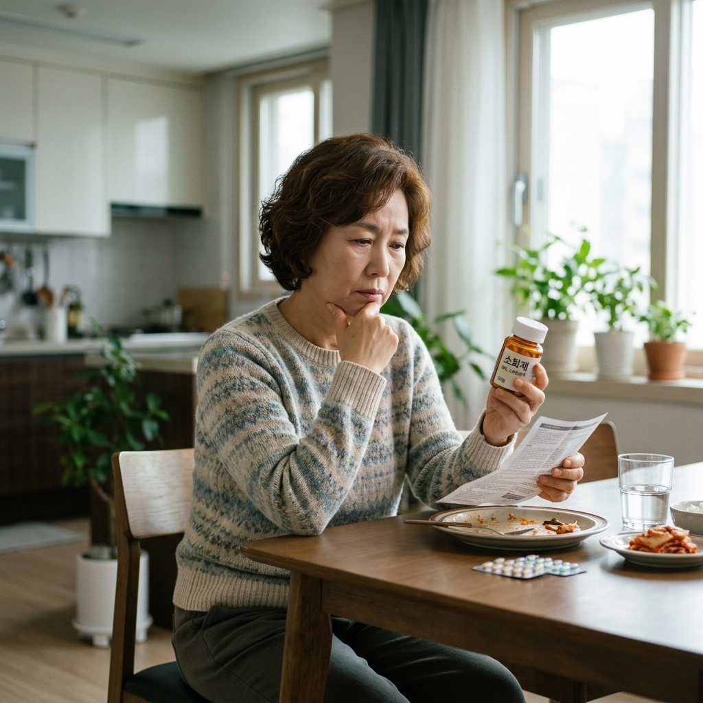 한국인 중장년 여성이 식탁에서 소화제 통을 들고 고민하는 현실적인 생활 장면