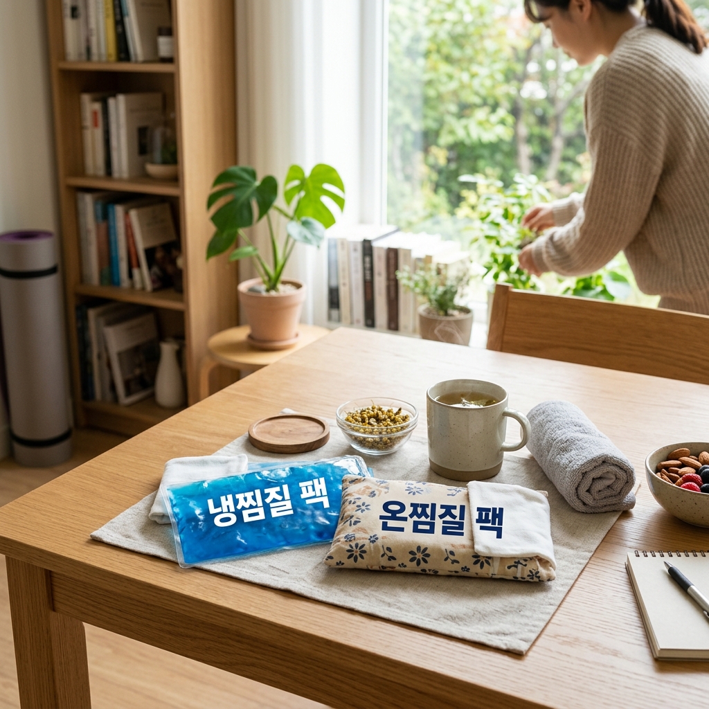 냉찜질 팩과 온찜질 팩이 함께 놓인 가정용 테이블 위 전경, 자연광 아래 정리된 실내 모습
