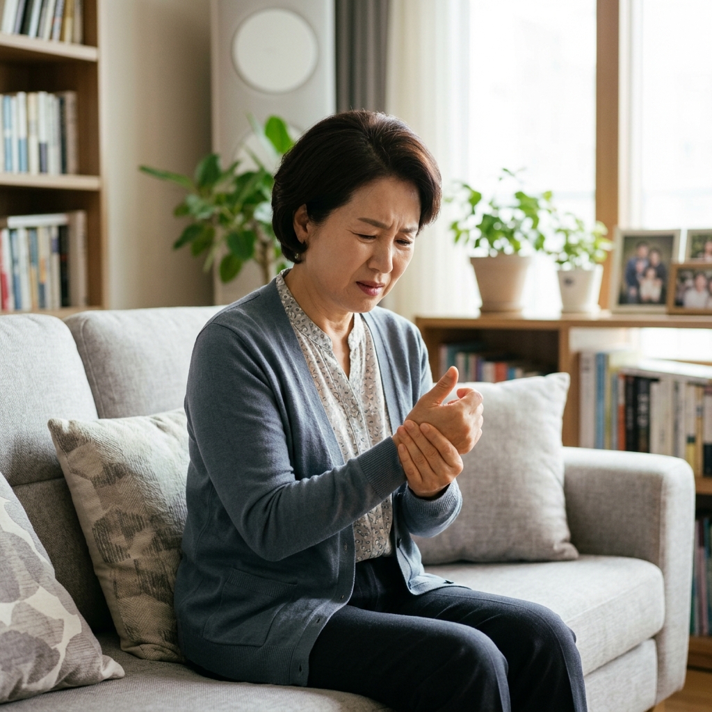중년 한국인 여성이 거실 소파에 앉아 엄지손가락을 만지며 불편한 표정을 짓는 자연스러운 생활 장면