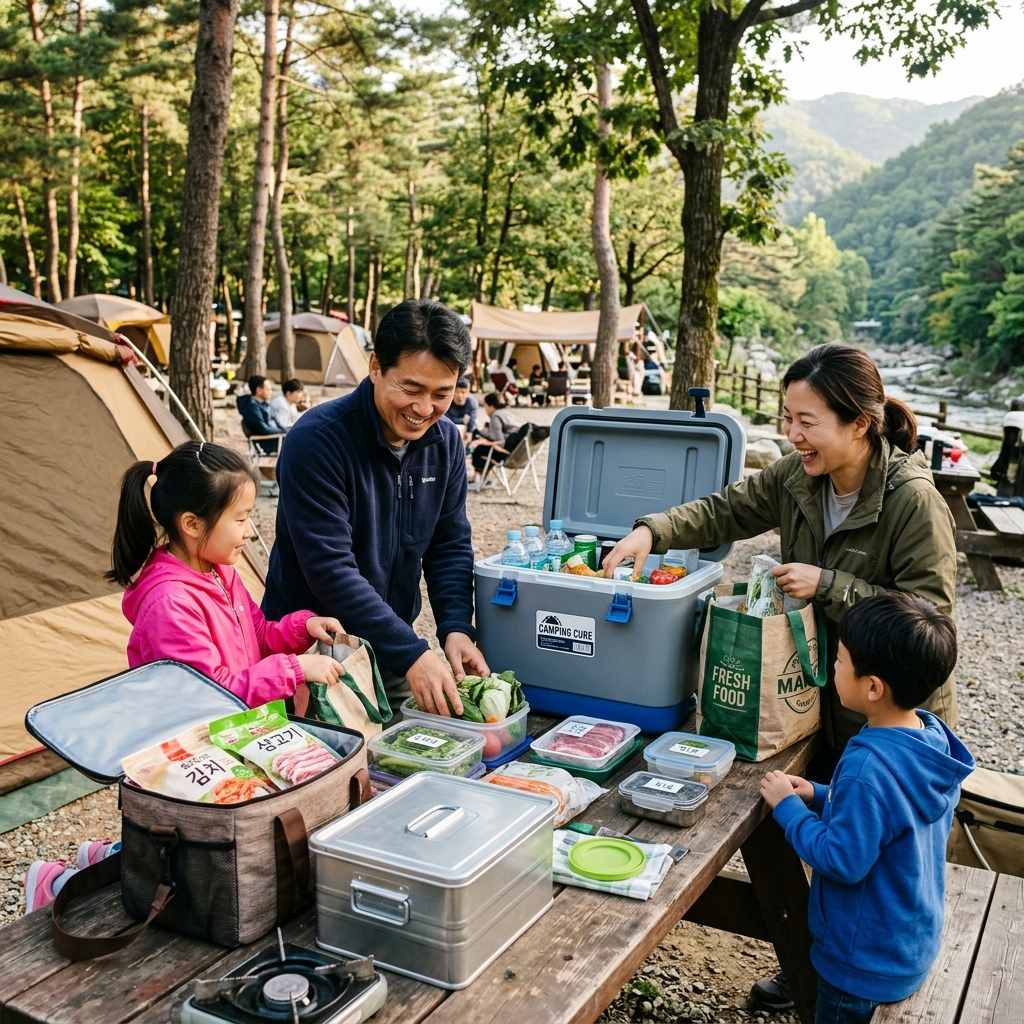 한국인 가족이 야외 캠핑장 테이블에서 쿨러박스와 식자재를 정리하는 현실적인 생활 장면