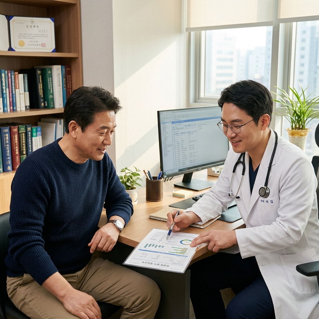 병원 상담실에서 한국인 중년 환자가 의료진과 유전자 검사 결과지를 보며 대화하는 현실적인 장면