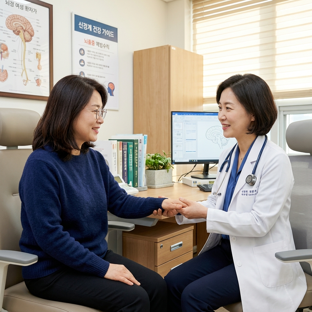 병원 진료실에서 중년 여성 환자가 의사와 상담하며 신경학적 검사를 받는 장면